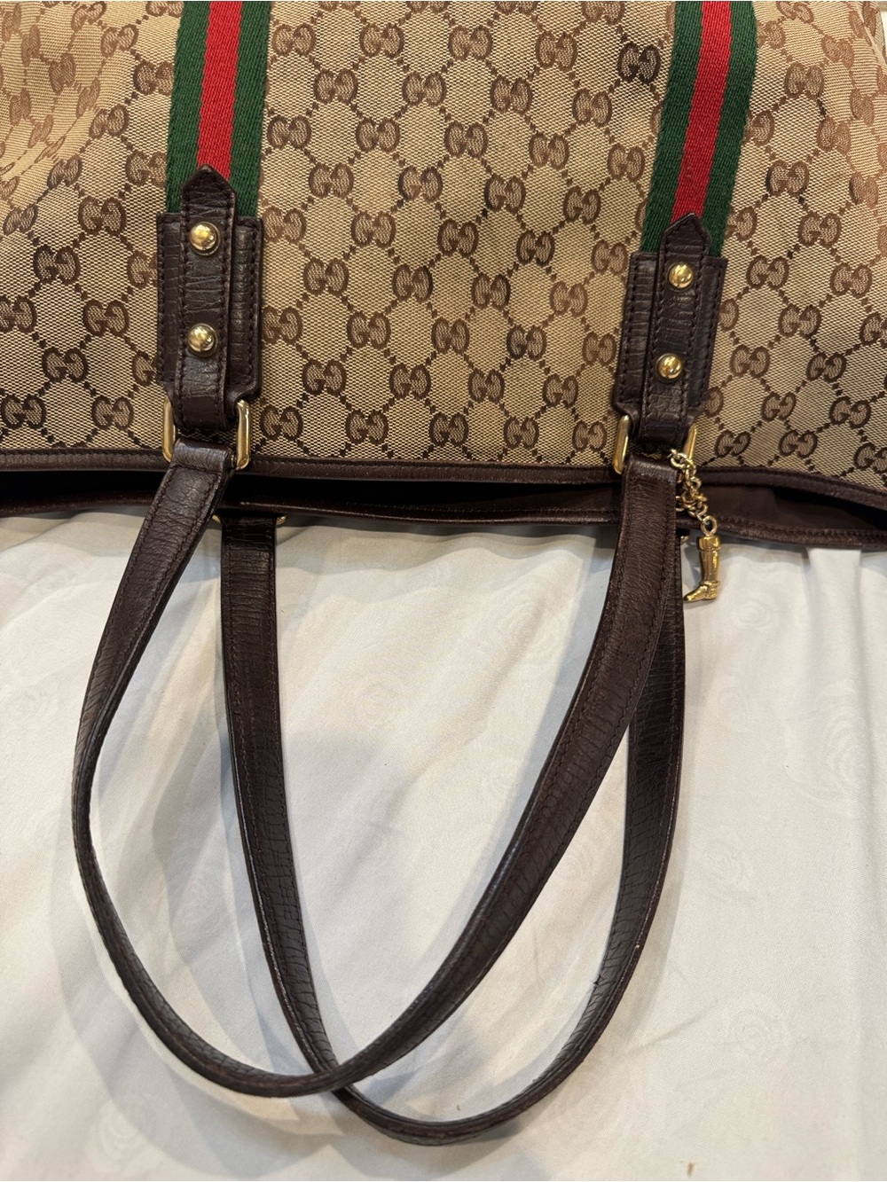 Authentic Gucci Beige Monogram Tote with Green and Red Stripes - Picture 6 of 10